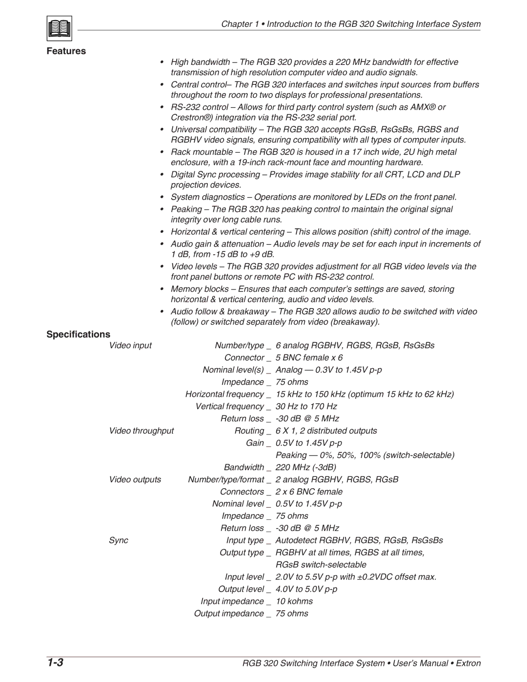 Extron electronic RGB 320 manual Features, Specifications 