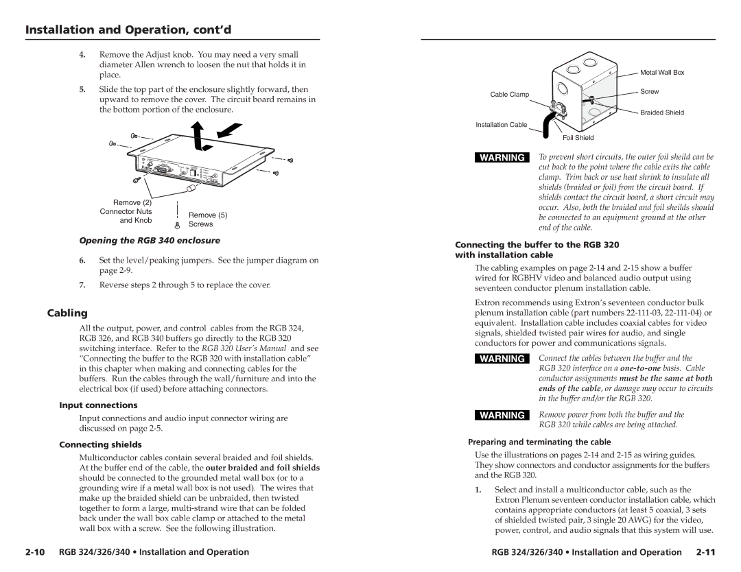 Extron electronic RGB 324, RGB 326 user manual Cabling, Opening the RGB 340 enclosure, Input connections, Connecting shields 