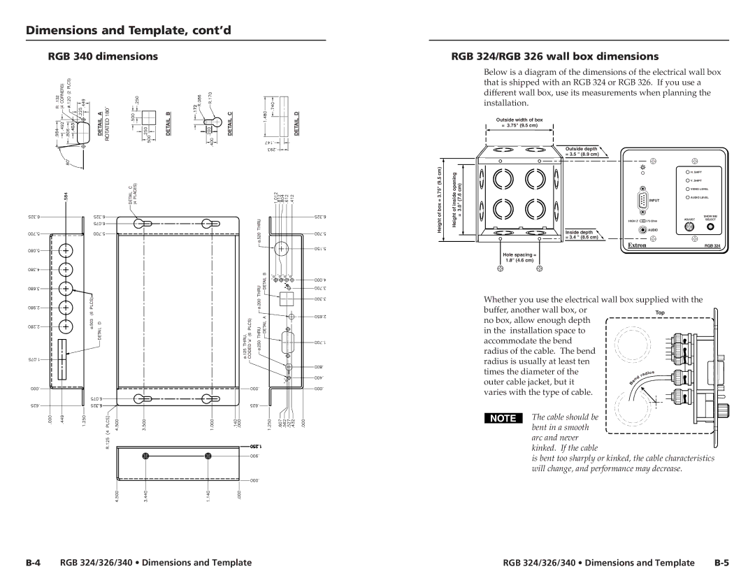 Extron electronic user manual Dimensions and Template, cont’d, RGB 340 dimensions RGB 324/RGB 326 wall box dimensions 