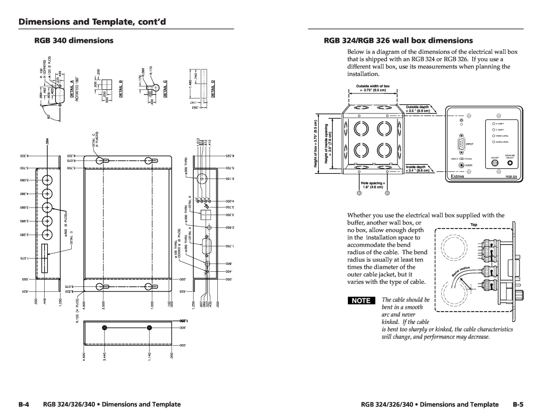 Extron electronic user manual Dimensions and Template, cont’d, RGB 340 dimensions, RGB 324/RGB 326 wall box dimensions 