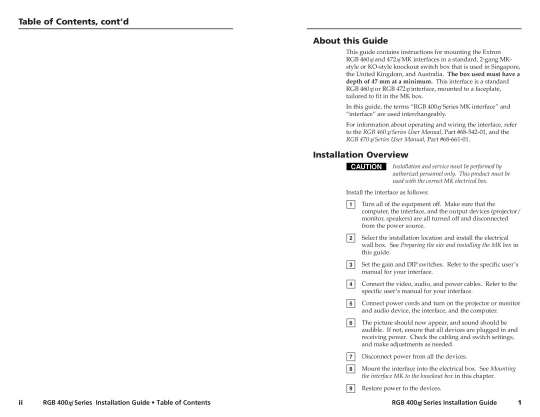 Extron electronic RGB 400xi Series manual Table of Contents, cont’d About this Guide, Installation Overview 