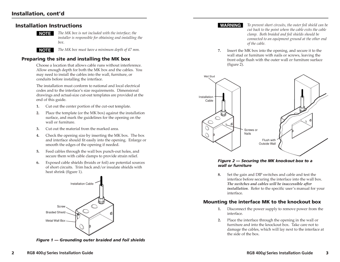 Extron electronic RGB 400xi Series manual Installation, cont’d Installation Instructions 