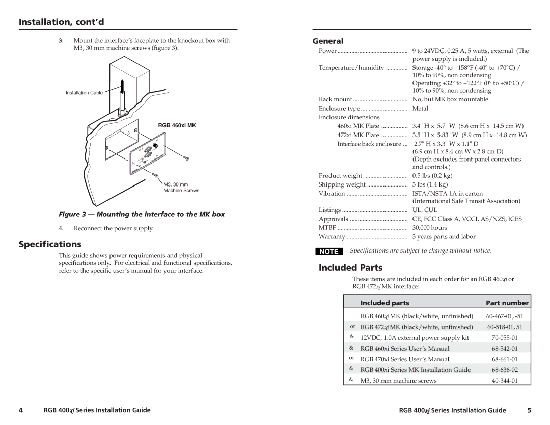 Extron electronic RGB 400xi Series manual Installation, cont’d, Specifications, Included Parts 