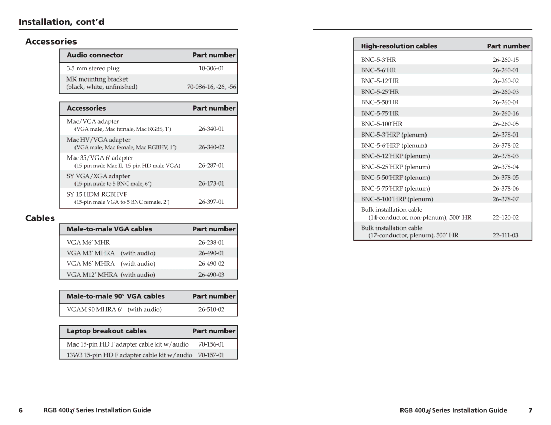 Extron electronic RGB 400xi Series manual Installation, cont’d Accessories, Cables 