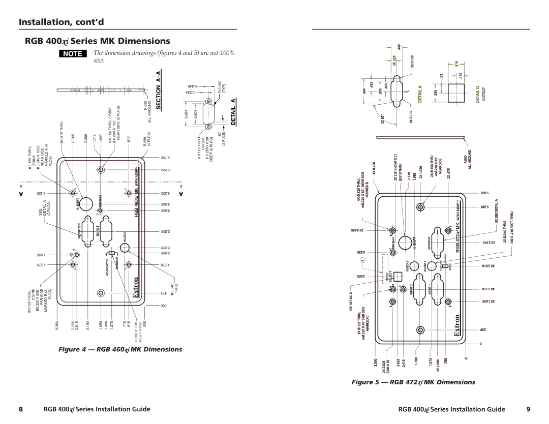 Extron electronic manual Installation, cont’d RGB 400xi Series MK Dimensions, Size 