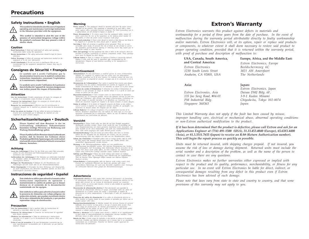 Extron electronic RGB 400XI manual Precautions, Extron’s Warranty 