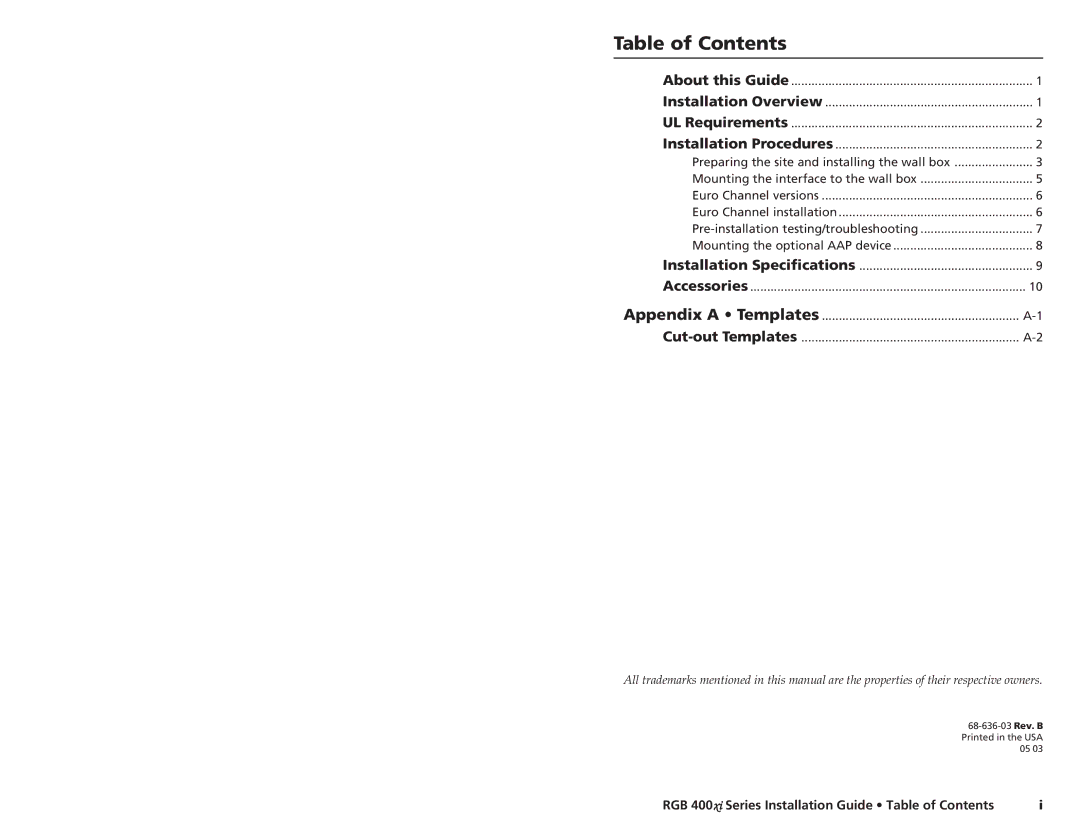 Extron electronic RGB 400XI manual Table of Contents 