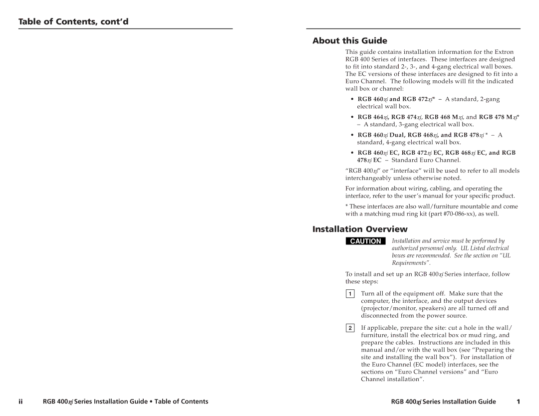 Extron electronic RGB 400XI manual Table of Contents, cont’d About this Guide, Installation Overview 