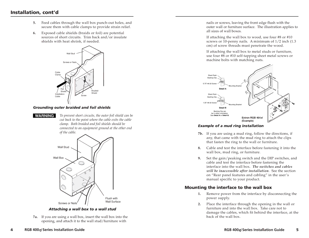 Extron electronic RGB 400XI manual Installation, cont’d, Mounting the interface to the wall box 