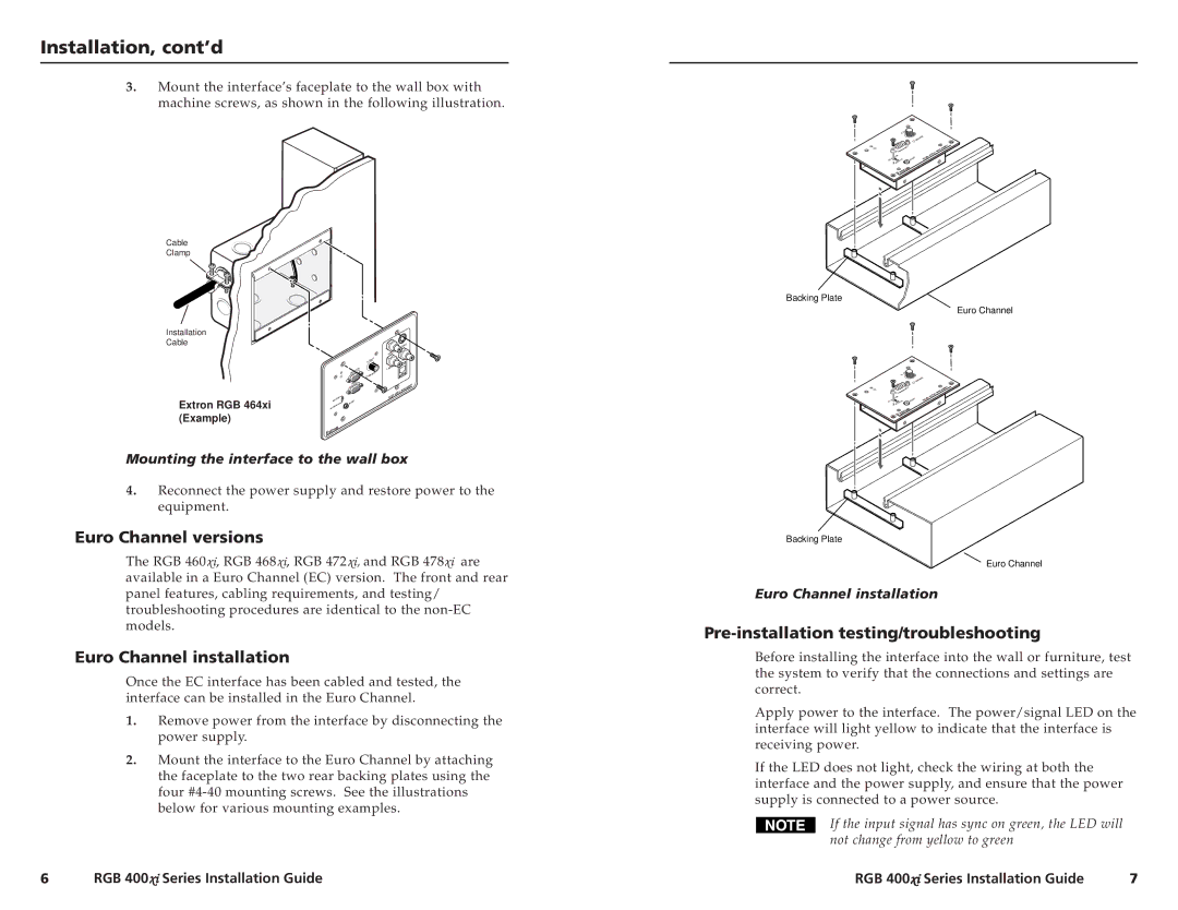 Extron electronic RGB 400XI manual Euro Channel installation, Pre-installation testing/troubleshooting 