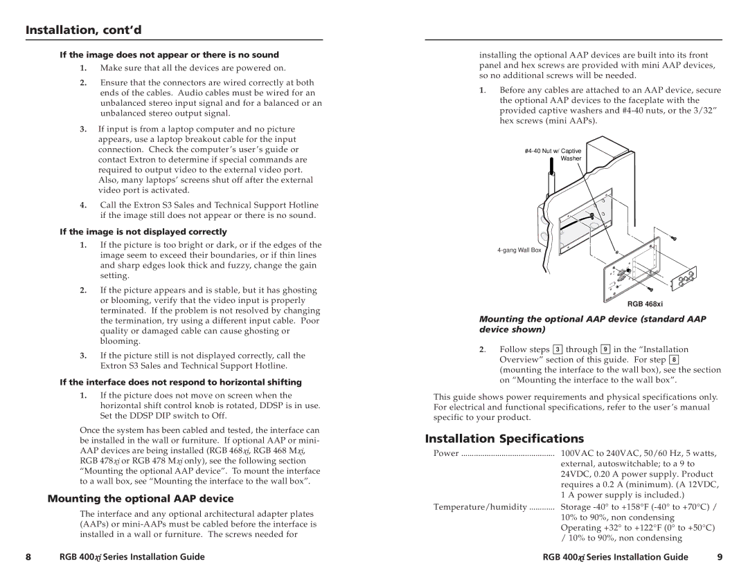 Extron electronic RGB 400XI manual Installation Specifications, Mounting the optional AAP device 