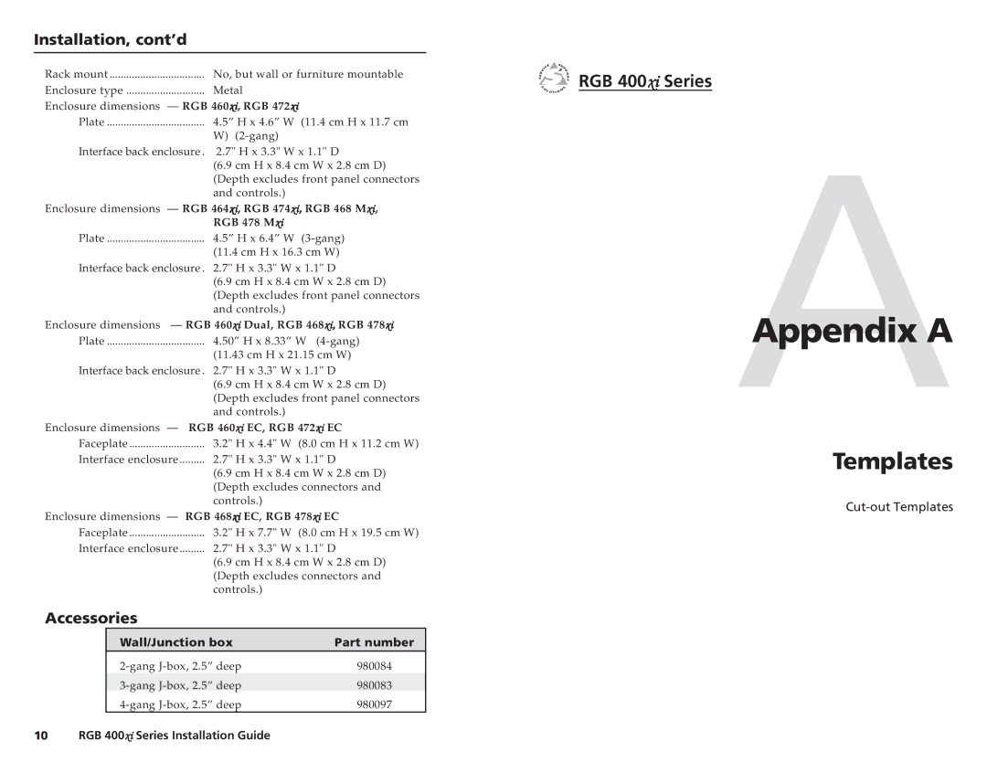 Extron electronic RGB 400XI manual RGB 400xi Series, Accessories 