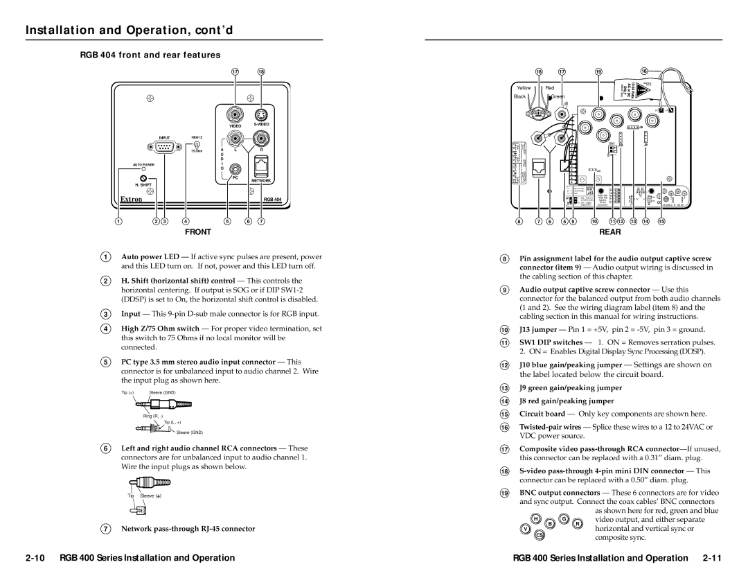 Extron electronic RGB 402, RGB 406, RGB 408, RGB 400 Series user manual RGB 404 front and rear features, Yellow Black 