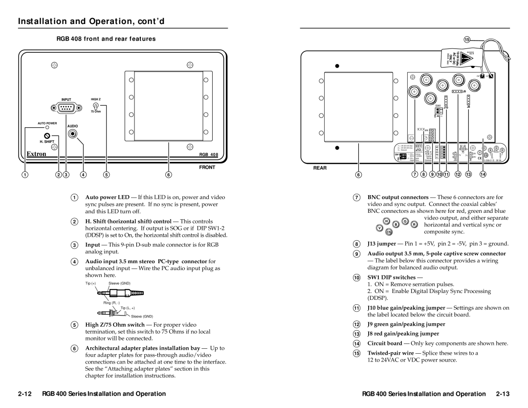 Extron electronic RGB 406, RGB 402, RGB 400 Series, RGB 404 user manual Extron, RGB 408 front and rear features 