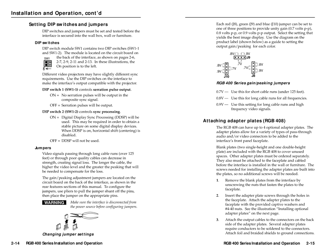 Extron electronic RGB 408, RGB 402, RGB 406, RGB 404 Setting DIP switches and jumpers, Attaching adapter plates RGB, Jumpers 