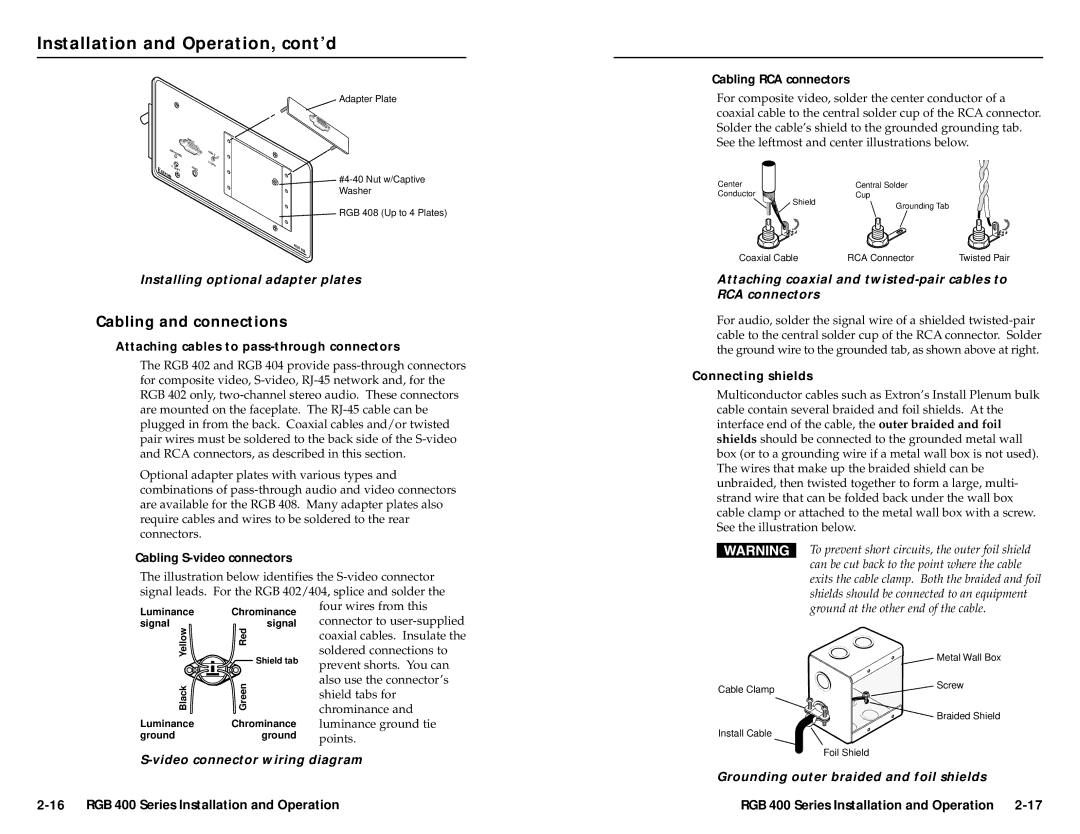 Extron electronic RGB 400 Series, RGB 402 Cabling and connections, Cabling RCA connectors, Cabling S-video connectors 