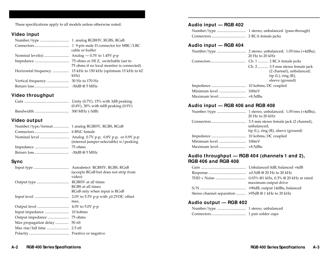 Extron electronic RGB 404, RGB 402, RGB 406, RGB 408, RGB 400 Series user manual Specifications 