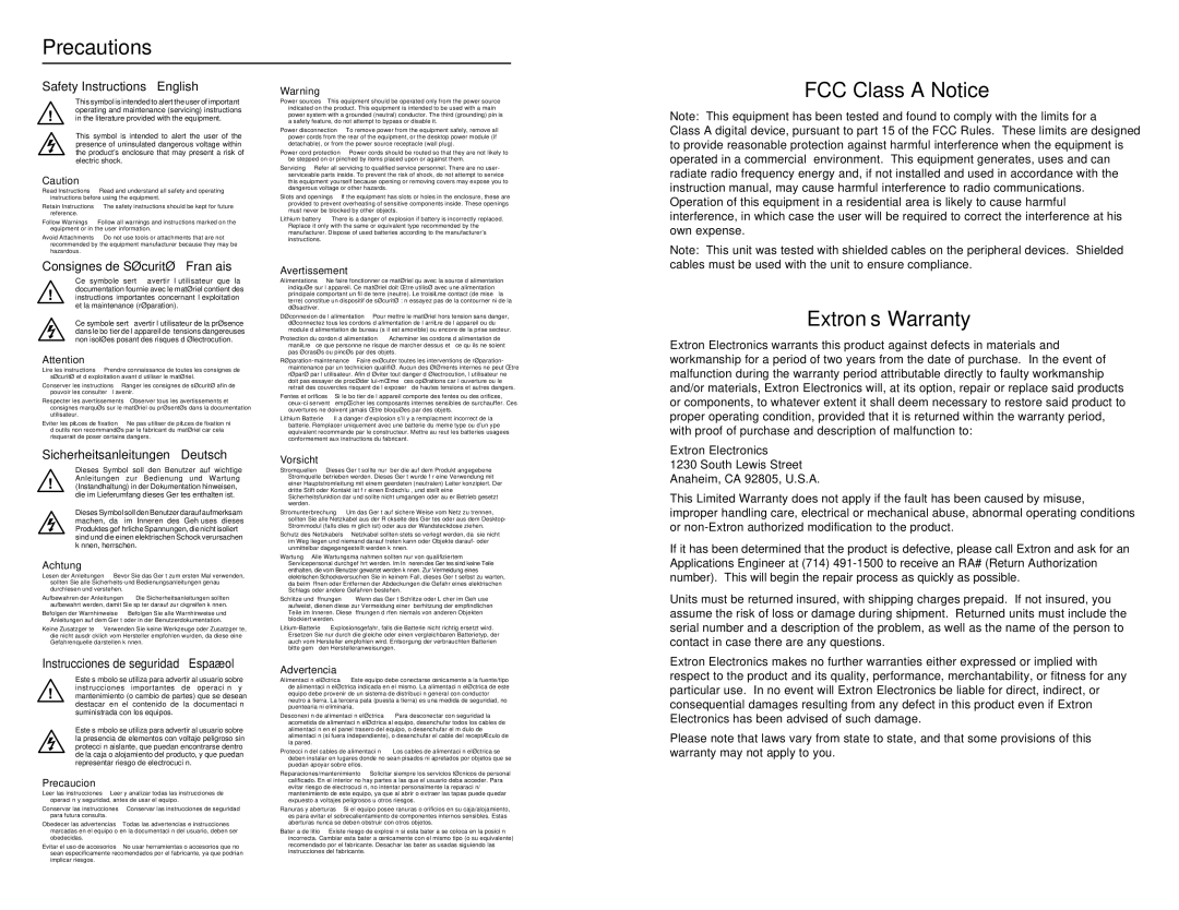 Extron electronic RGB 408, RGB 402, RGB 406, RGB 400 Series, RGB 404 Precautions, FCC Class a Notice, Extron’s Warranty 