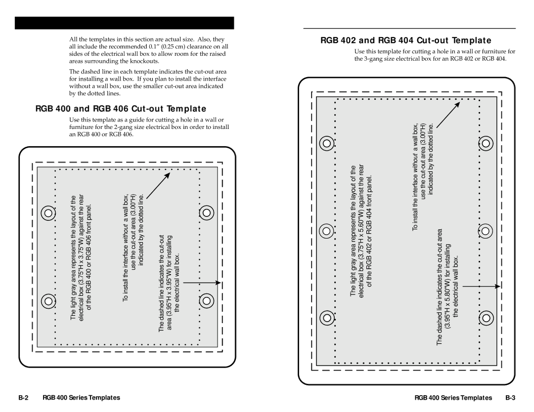 Extron electronic RGB 408 user manual Templates, RGB 400 and RGB 406 Cut-out Template, RGB 402 and RGB 404 Cut-out Template 