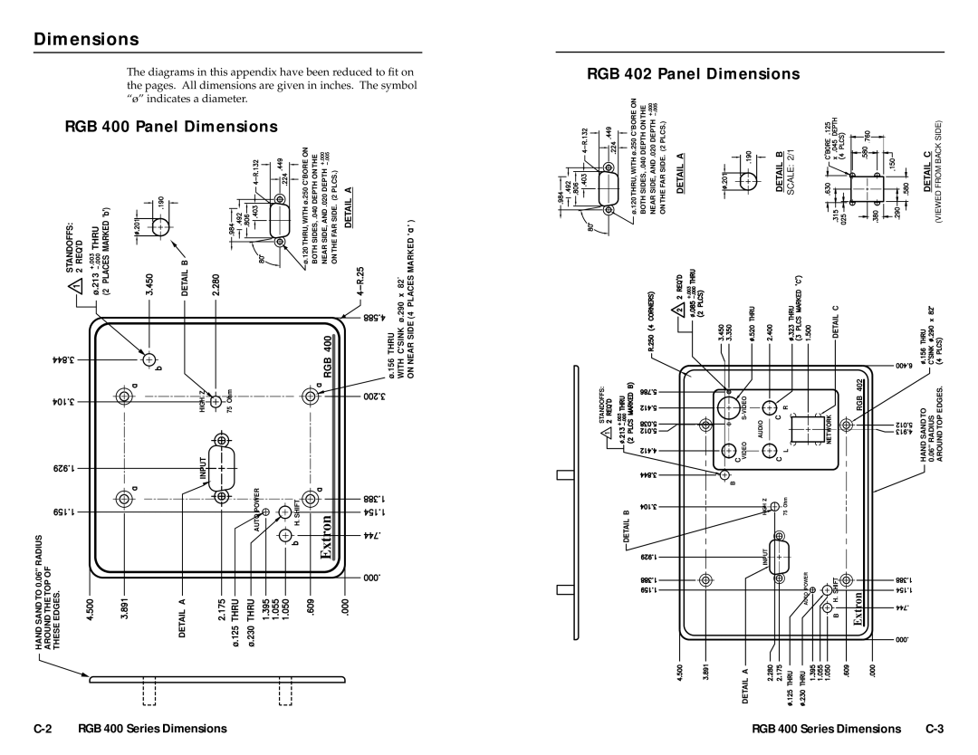 Extron electronic RGB 404, RGB 406, RGB 408, RGB 400 Series user manual RGB 400 Panel Dimensions, RGB 402 Panel Dimensions 