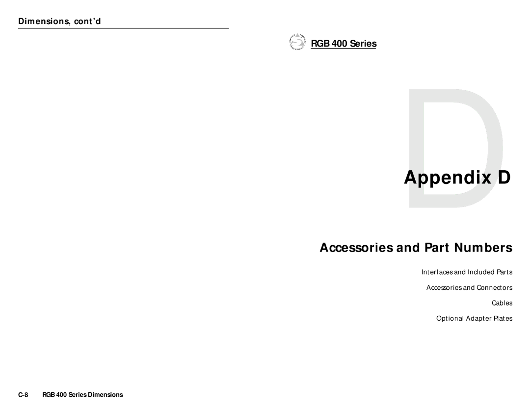 Extron electronic RGB 408, RGB 402, RGB 406, RGB 400 Series, RGB 404 user manual DAppendix D, Accessories and Part Numbers 