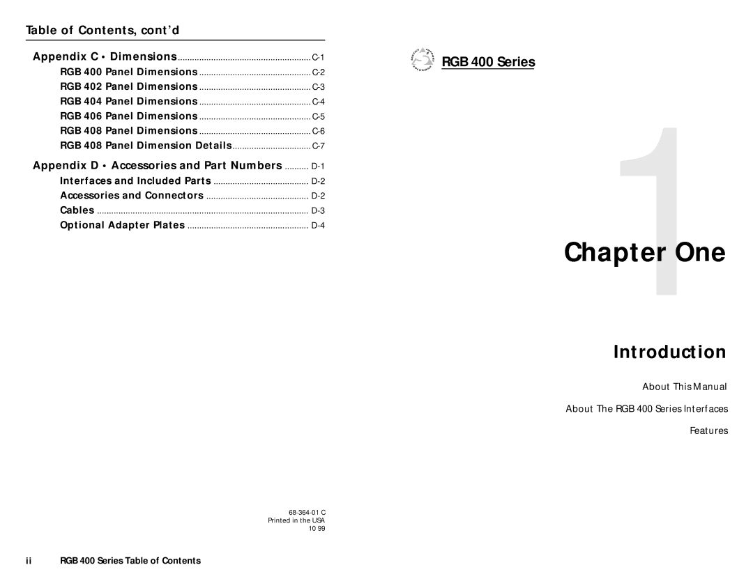 Extron electronic RGB 404, RGB 402, RGB 406, RGB 408 user manual One, Introduction, Table of Contents, cont’d, RGB 400 Series 