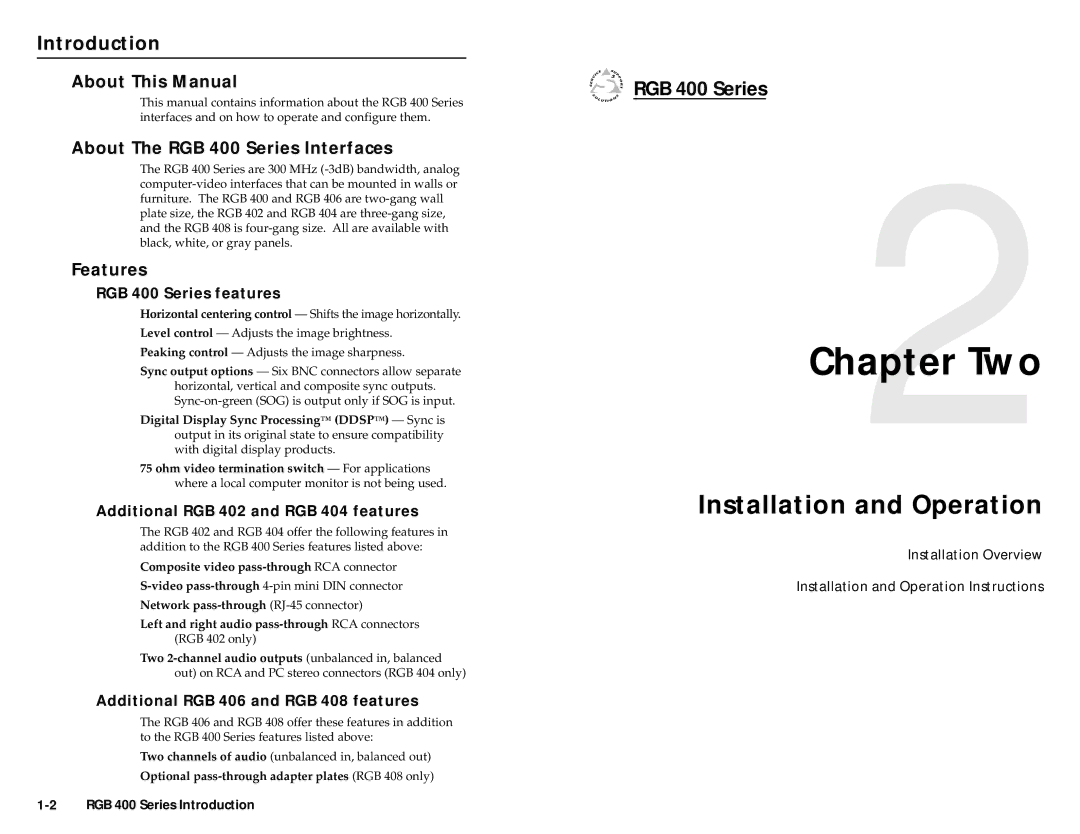 Extron electronic RGB 402, RGB 406, RGB 408, RGB 404 user manual Two, Installation and Operation, Introduction, RGB 400 Series 