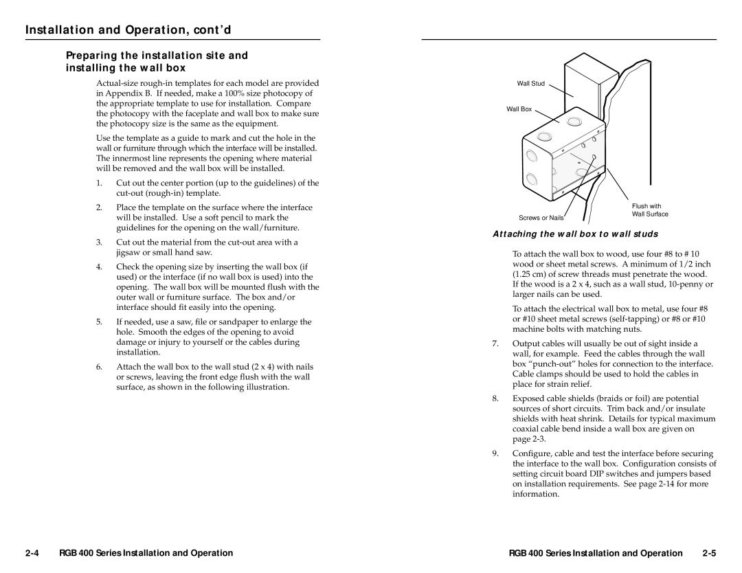 Extron electronic RGB 408 Installation and Operation, cont’d, Preparing the installation site and installing the wall box 