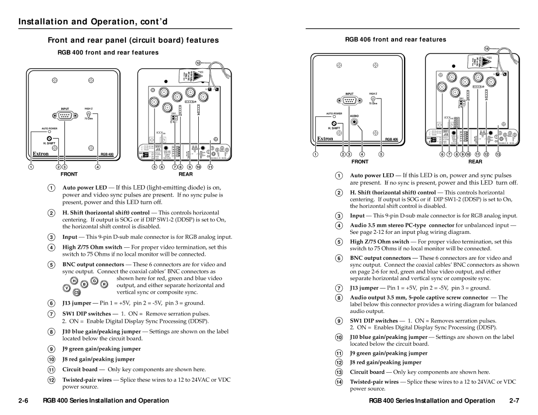 Extron electronic RGB 400 Series, RGB 402, RGB 406, RGB 408, RGB 404 Front and rear panel circuit board features, Extron 