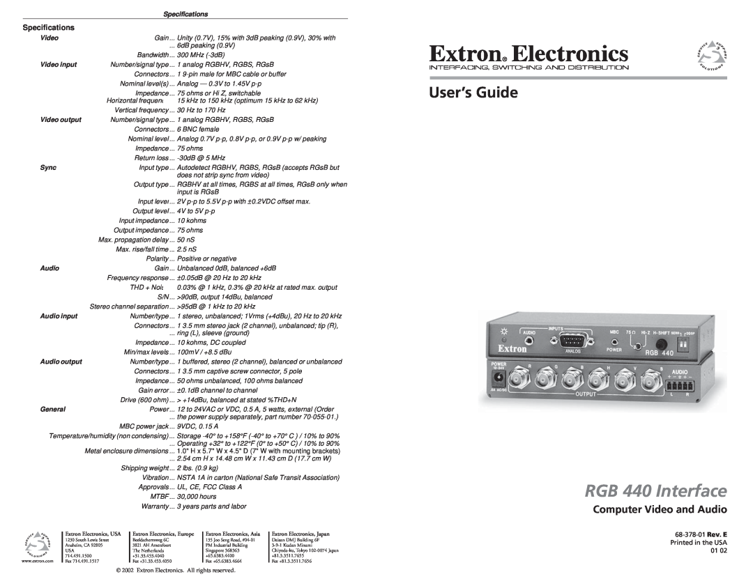 Extron electronic specifications Video input, Video output, Sync, Audio input, RGB 440 Specifications 