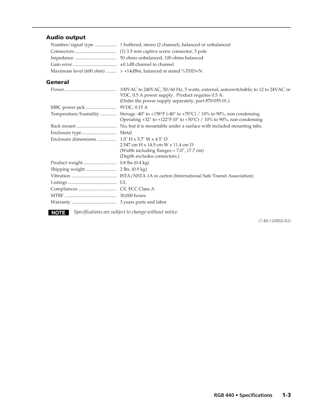 Extron electronic RGB 440 specifications Audio output, General, Mtbf 