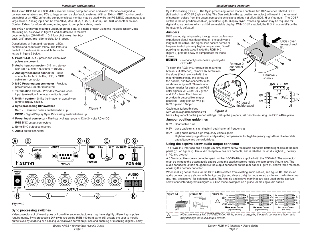 Extron electronic RGB 440 Jumpers, Jumper position guidelines, Using the captive screw audio output connector 