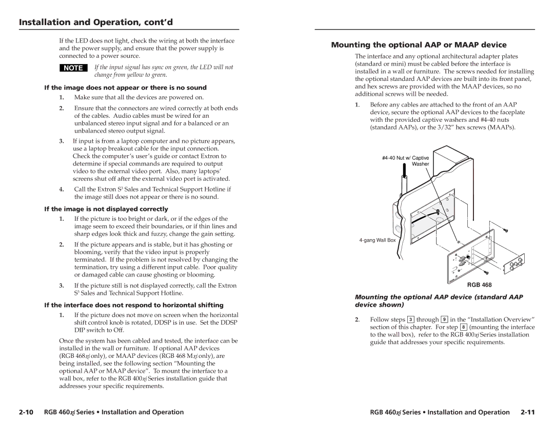 Extron electronic RGB 460xi Mounting the optional AAP or Maap device, If the image does not appear or there is no sound 