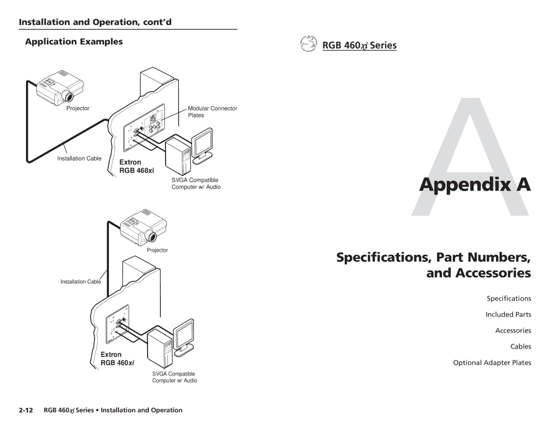 Extron electronic 468 Mxi, RGB 460xi, 460xiDual, 464xi, 468xi user manual Appendix a, Specifications, Part Numbers Accessories 