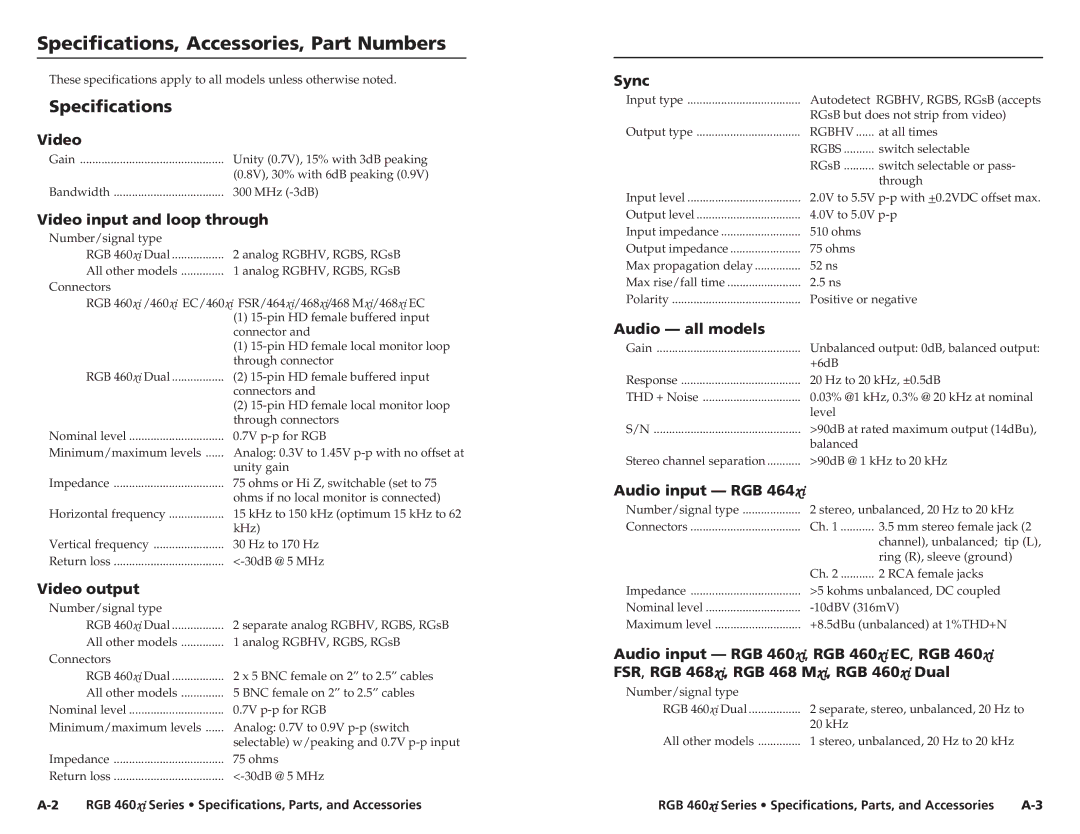 Extron electronic 460xiDual, RGB 460xi, 468 Mxi, 464xi, 468xi user manual Specifications, Accessories, Part Numbers 