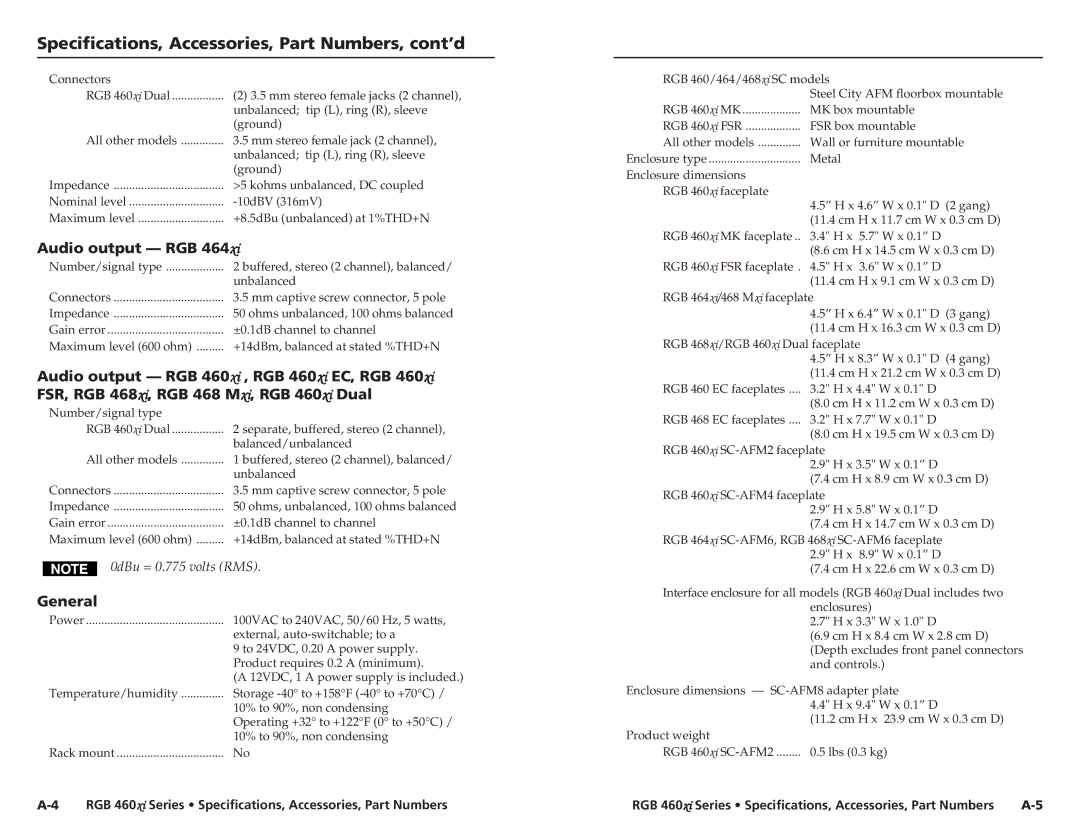 Extron electronic 464xi, RGB 460xi, 468 Mxi Specifications, Accessories, Part Numbers, cont’d, Audio output RGB, General 