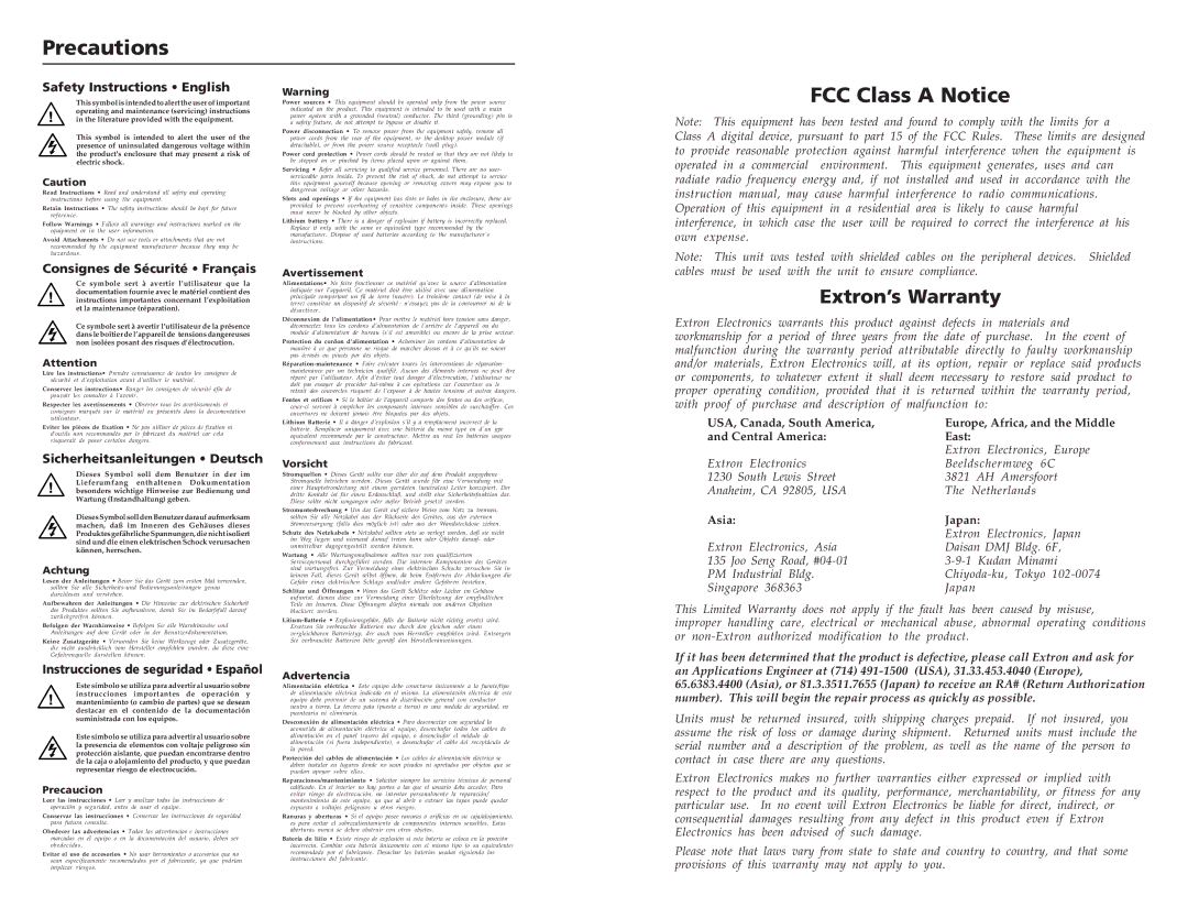 Extron electronic 460xiDual, RGB 460xi, 468 Mxi, 464xi, 468xi user manual Precautions, FCC Class a Notice, Extron’s Warranty 