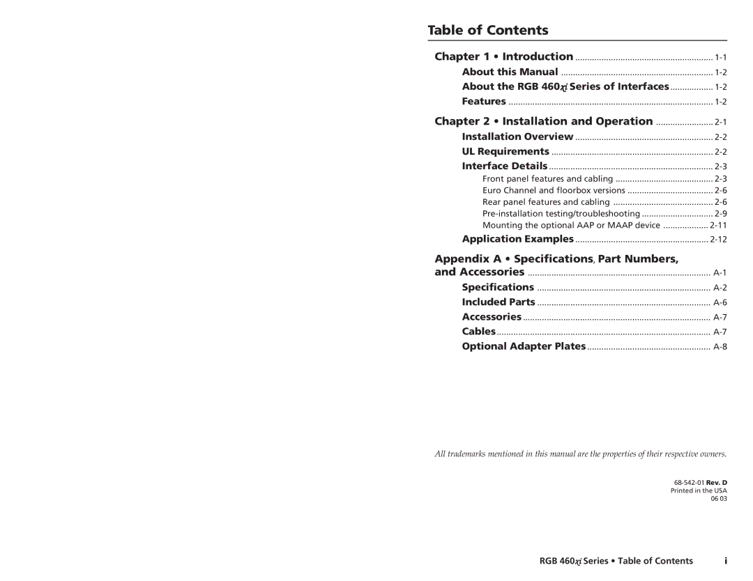 Extron electronic 464xi, RGB 460xi, 468 Mxi, 460xiDual, 468xi user manual Table of Contents 