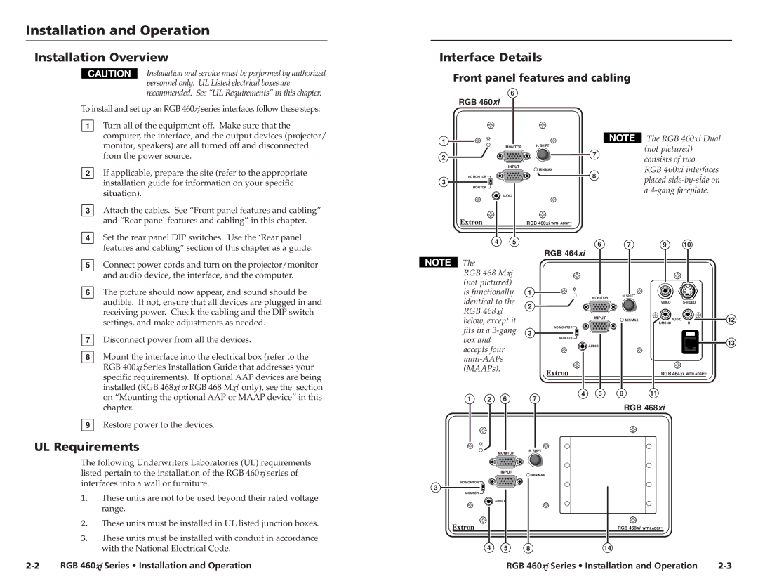 Extron electronic 468 Mxi, RGB 460xi Installation and Operation, Installation Overview Interface Details, UL Requirements 