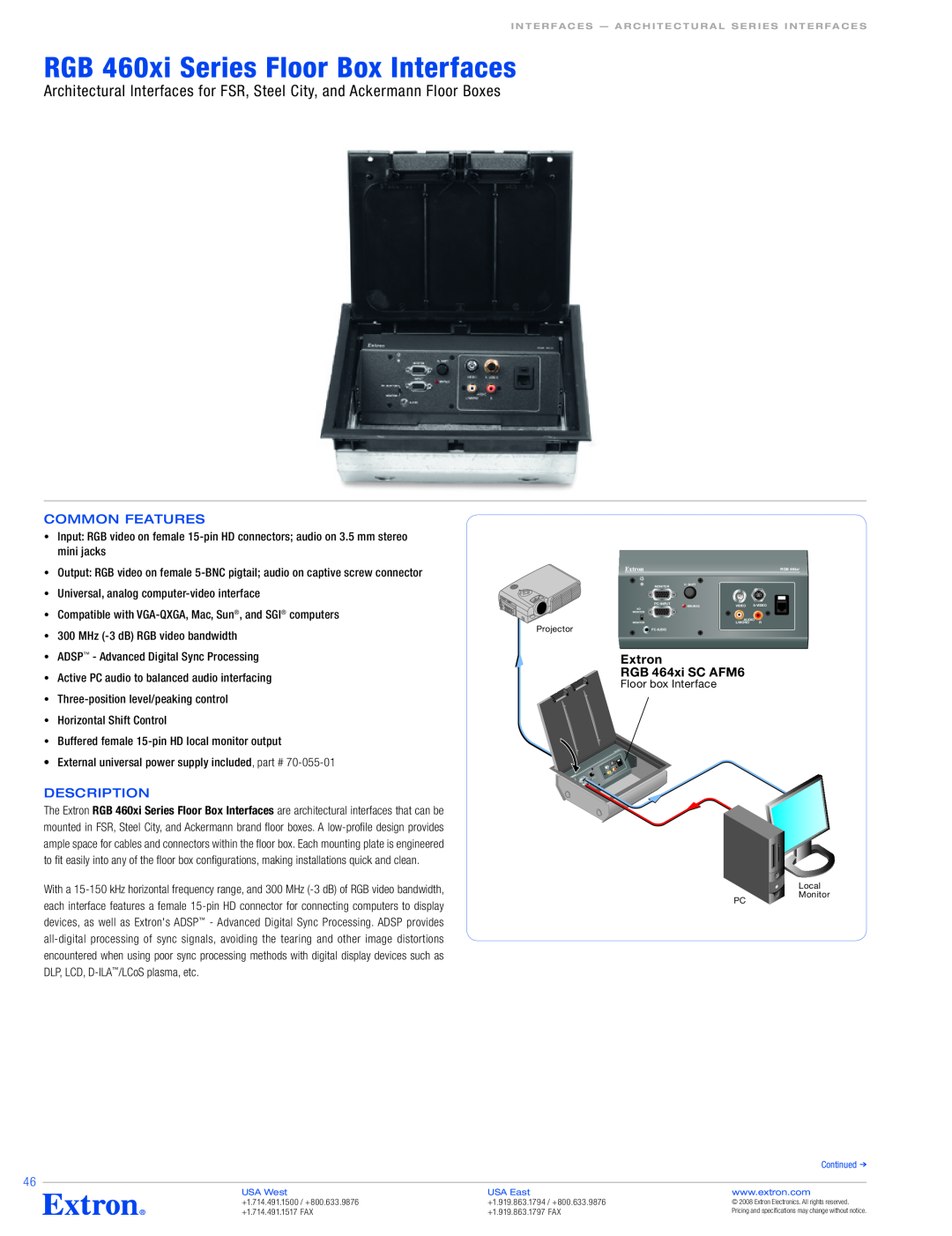 Extron electronic specifications RGB 460xi Series Floor Box Interfaces, Common Features, Description, Extron 