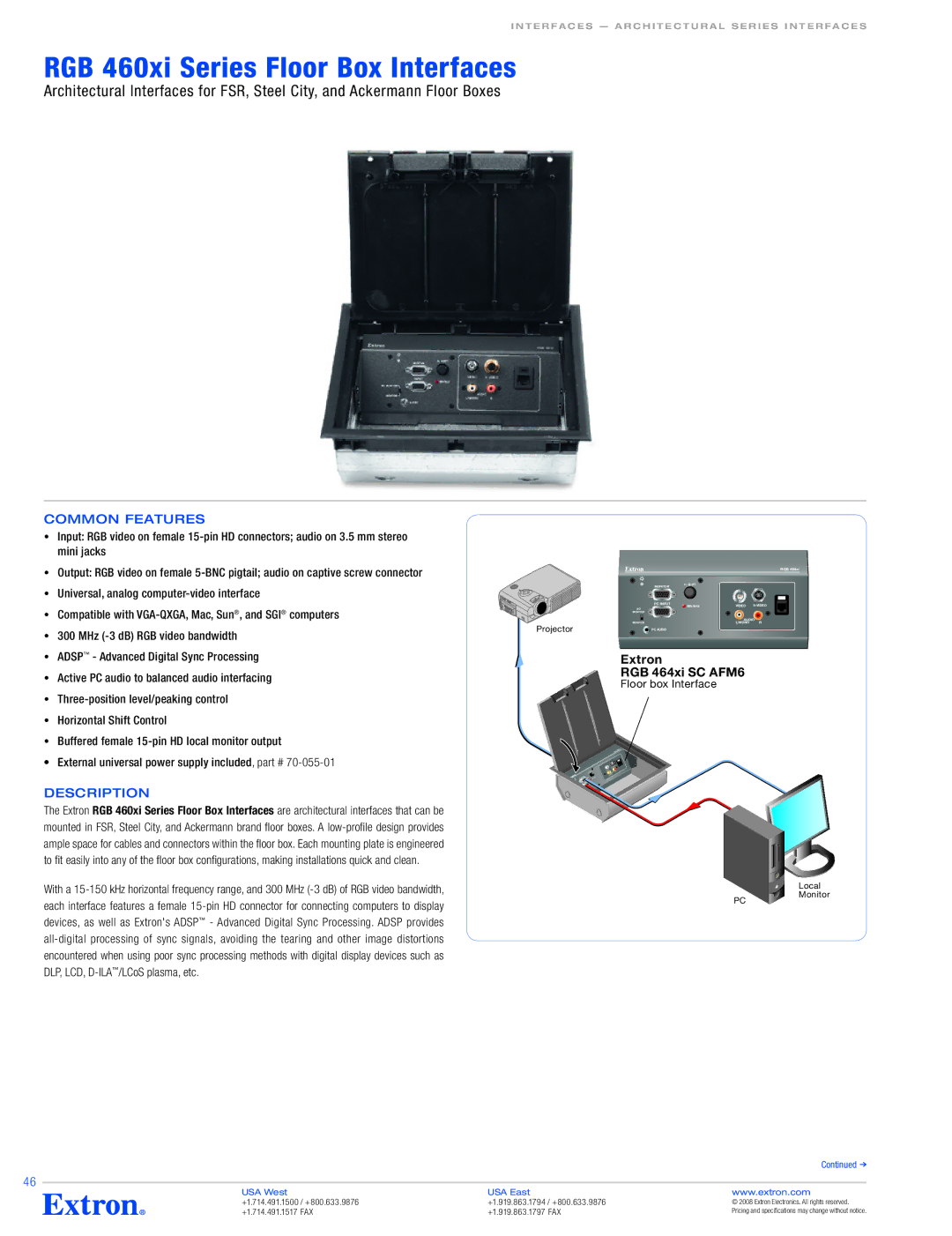 Extron electronic specifications RGB 460xi Series Floor Box Interfaces, Common Features 