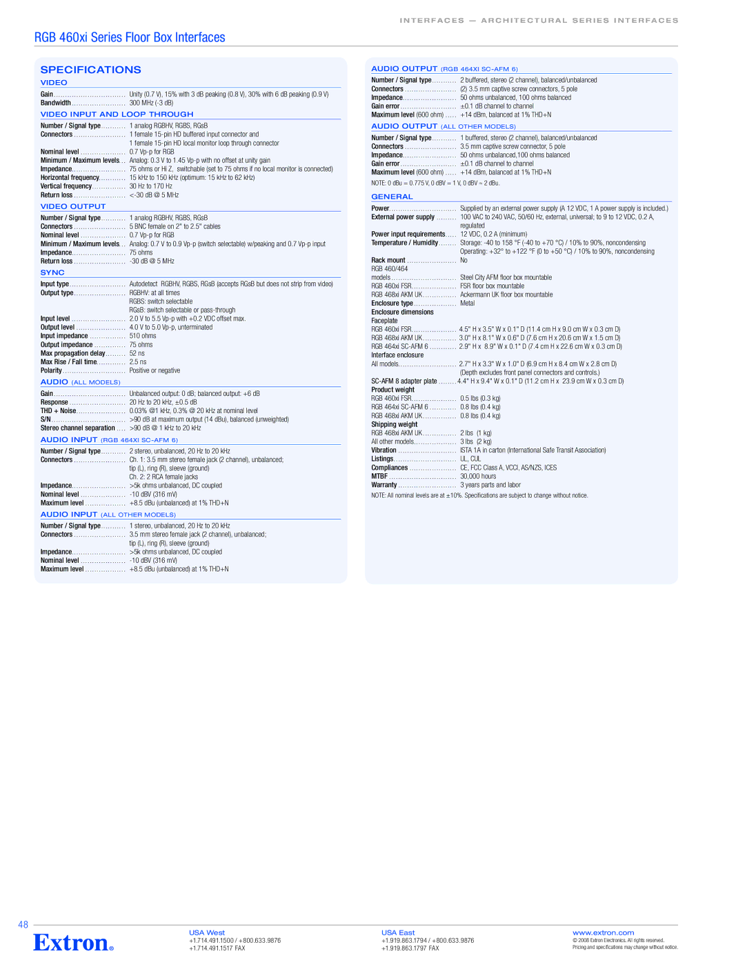 Extron electronic RGB 460xi Series specifications Video input and loop through, Video output, Sync 