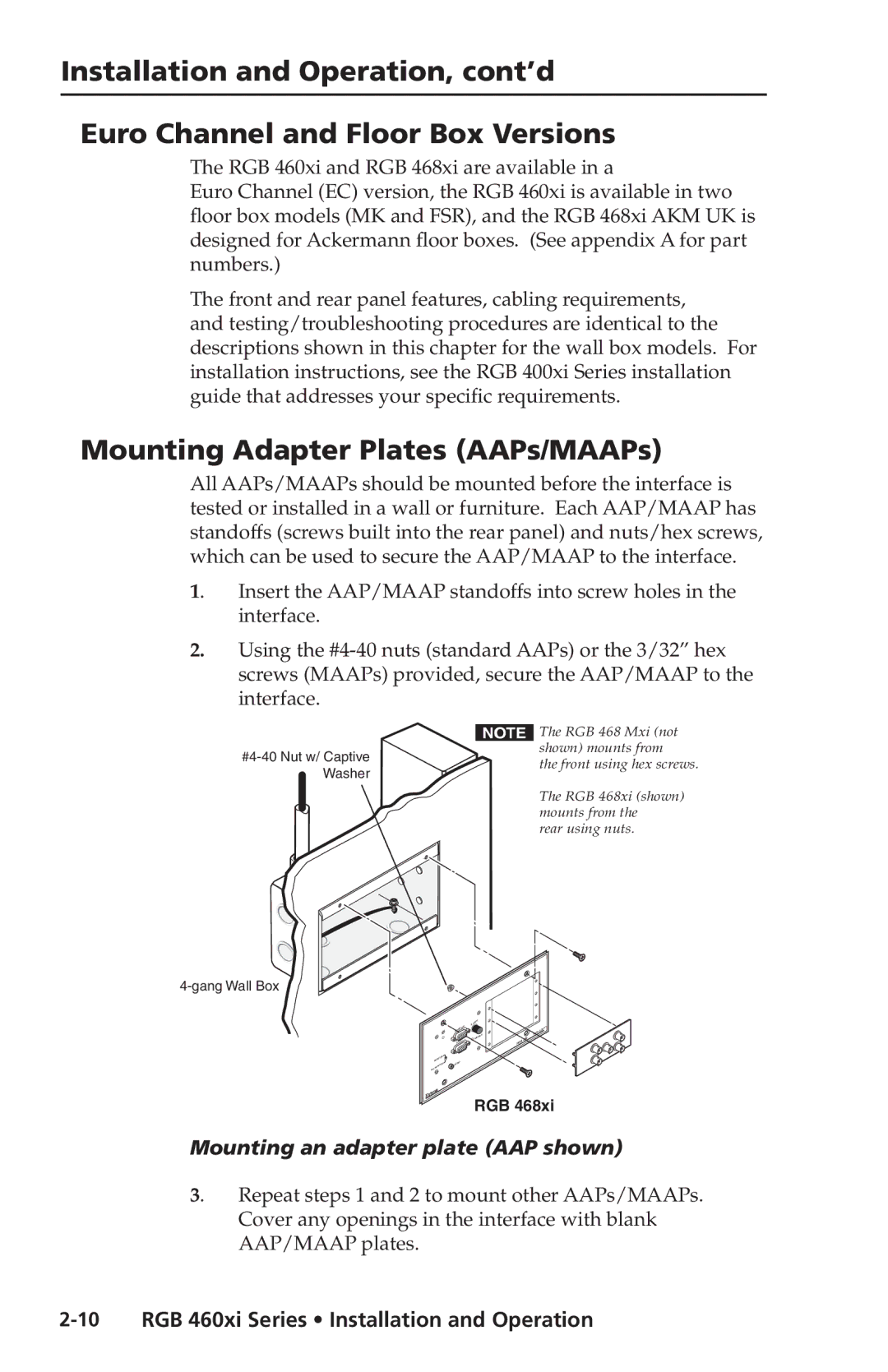 Extron electronic RGB 468xi, RGB 464XI, RGB 468 Mxi Mounting Adapter Plates AAPs/MAAPs, Mounting an adapter plate AAP shown 