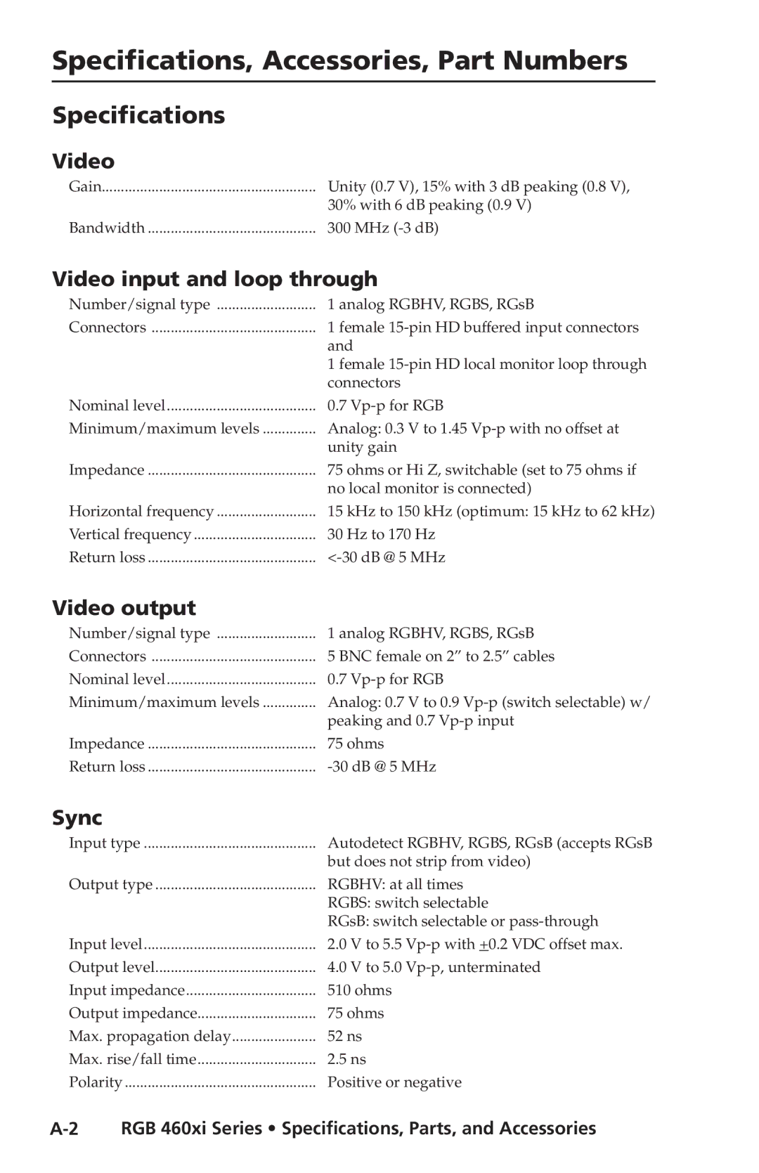 Extron electronic RGB 468xi, RGB 464XI, RGB 468 Mxi Specifications, Video input and loop through, Video output, Sync 