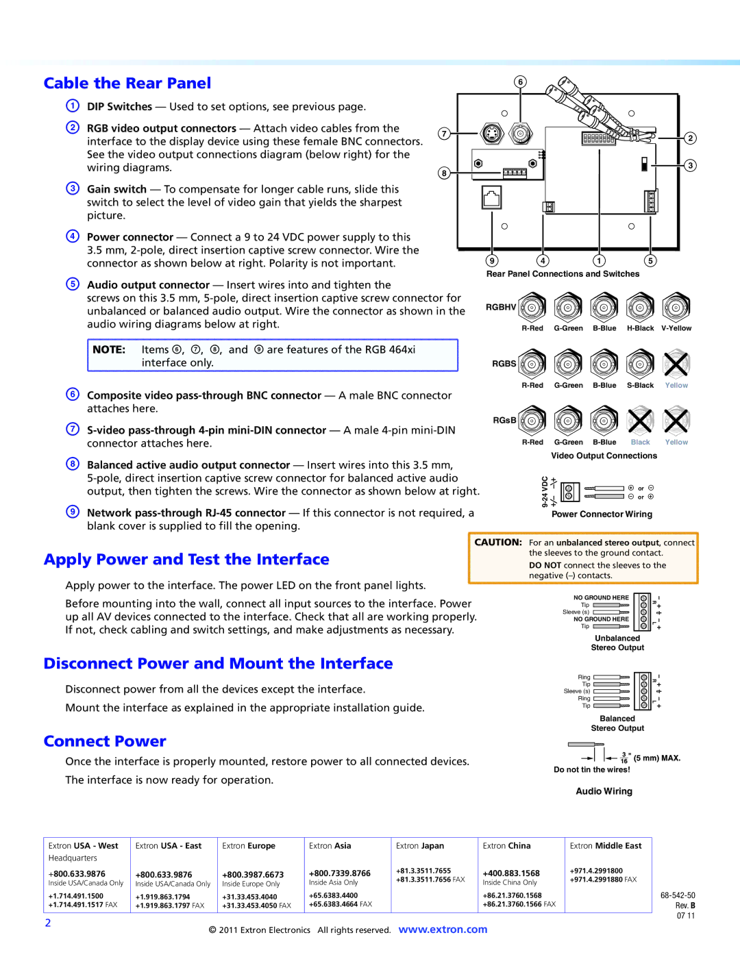 Extron electronic RGB 464XI setup guide Cable the Rear Panel, Apply Power and Test the Interface, Connect Power 