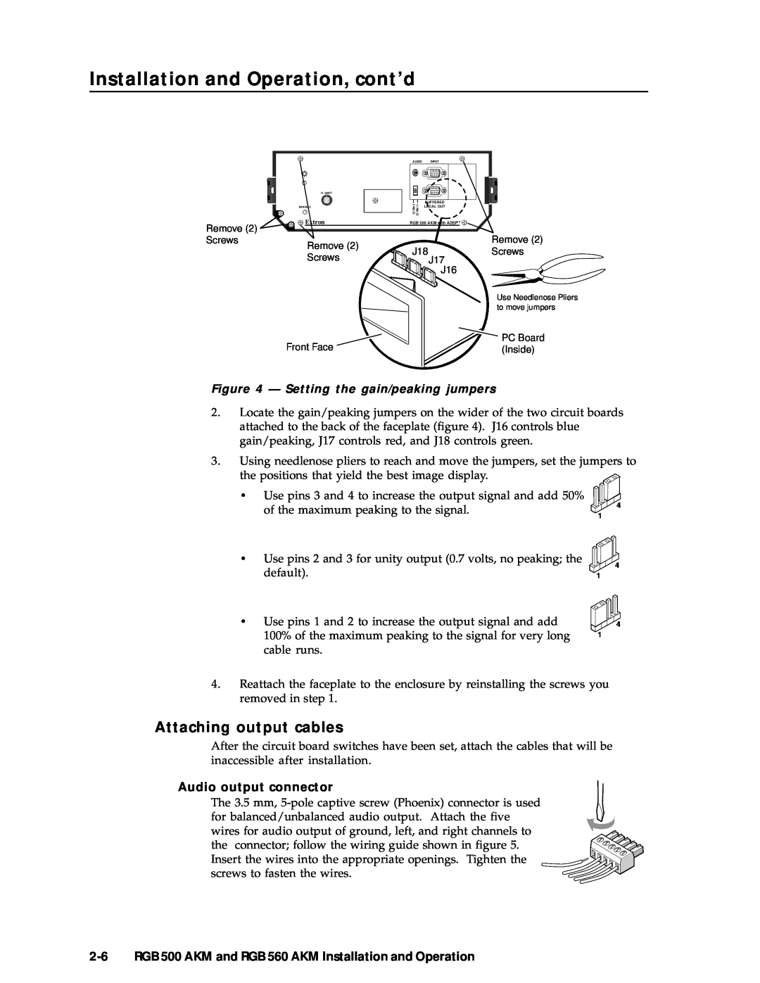 Extron electronic RGB 500 AKM manual Attaching output cables, Setting the gain/peaking jumpers, Audio output connector 