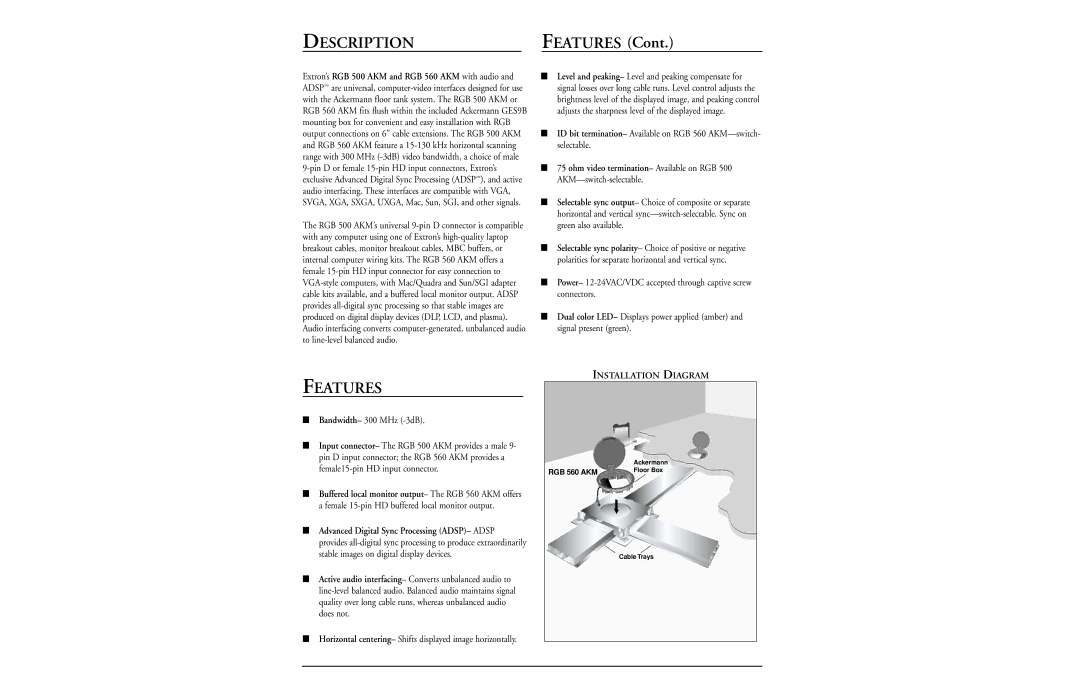 Extron electronic RGB 500 AKM manual Description, Features, Horizontal centering- Shifts displayed image horizontally 