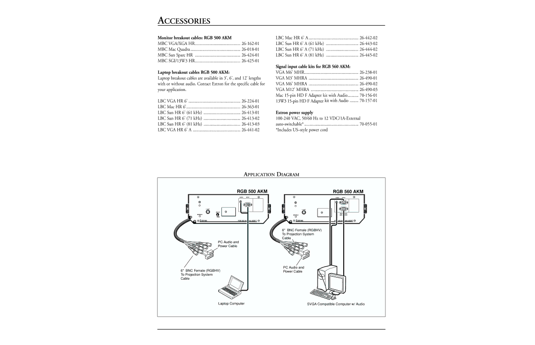 Extron electronic RGB 500 AKM manual Accessories, Signal input cable kits for RGB 560 AKM 