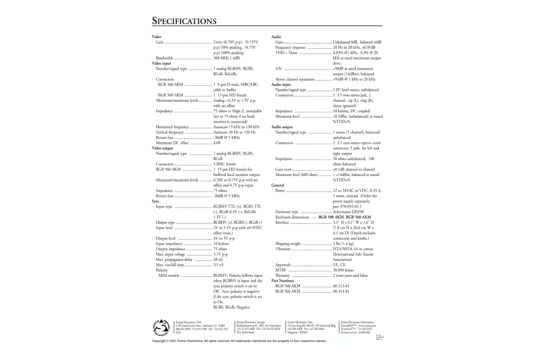 Extron electronic RGB 500 AKM, RGB 560 AKM manual Specifications 