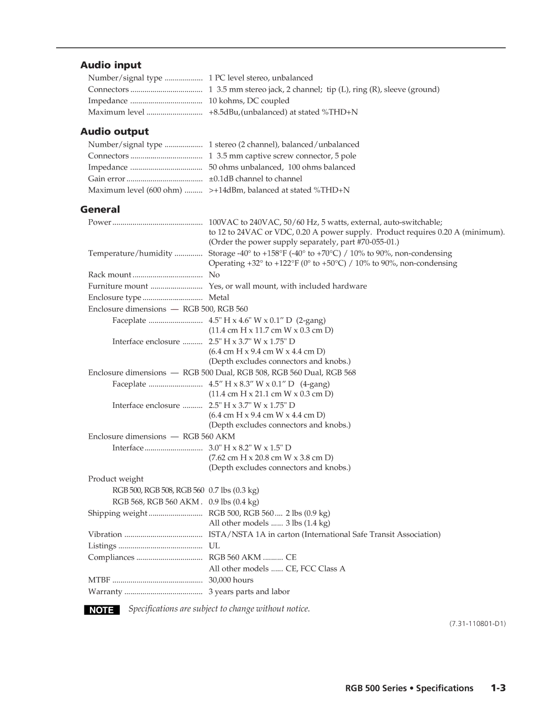 Extron electronic RGB 500 Series specifications Audio input, Audio output, General, RGB 560 AKM, Mtbf 